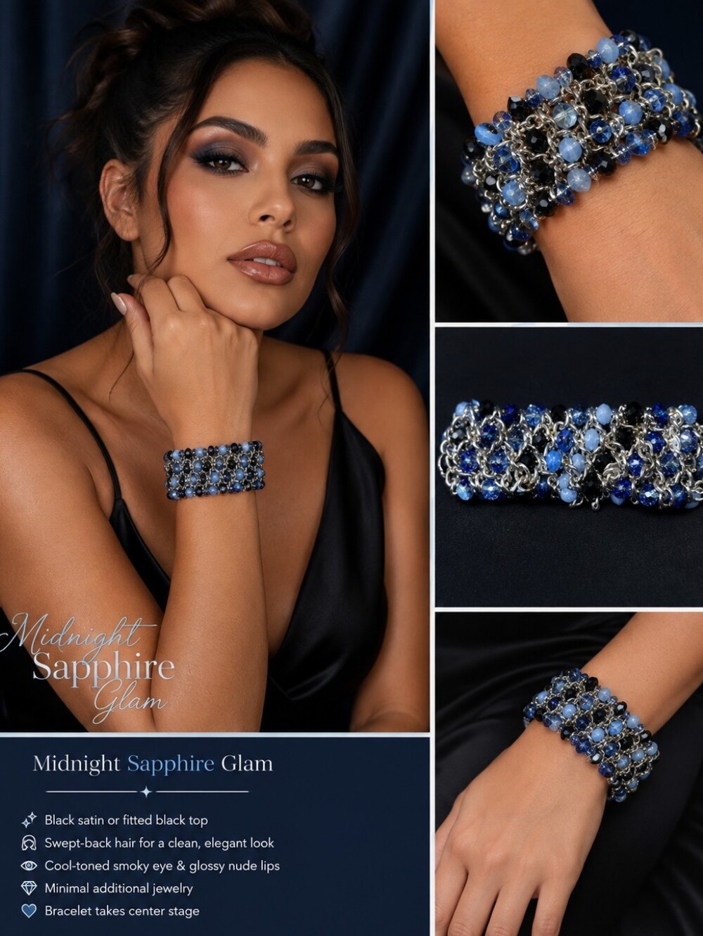 Blue Black Beaded Cha Cha Stretch Bracelet Silver Tone Statement 7"